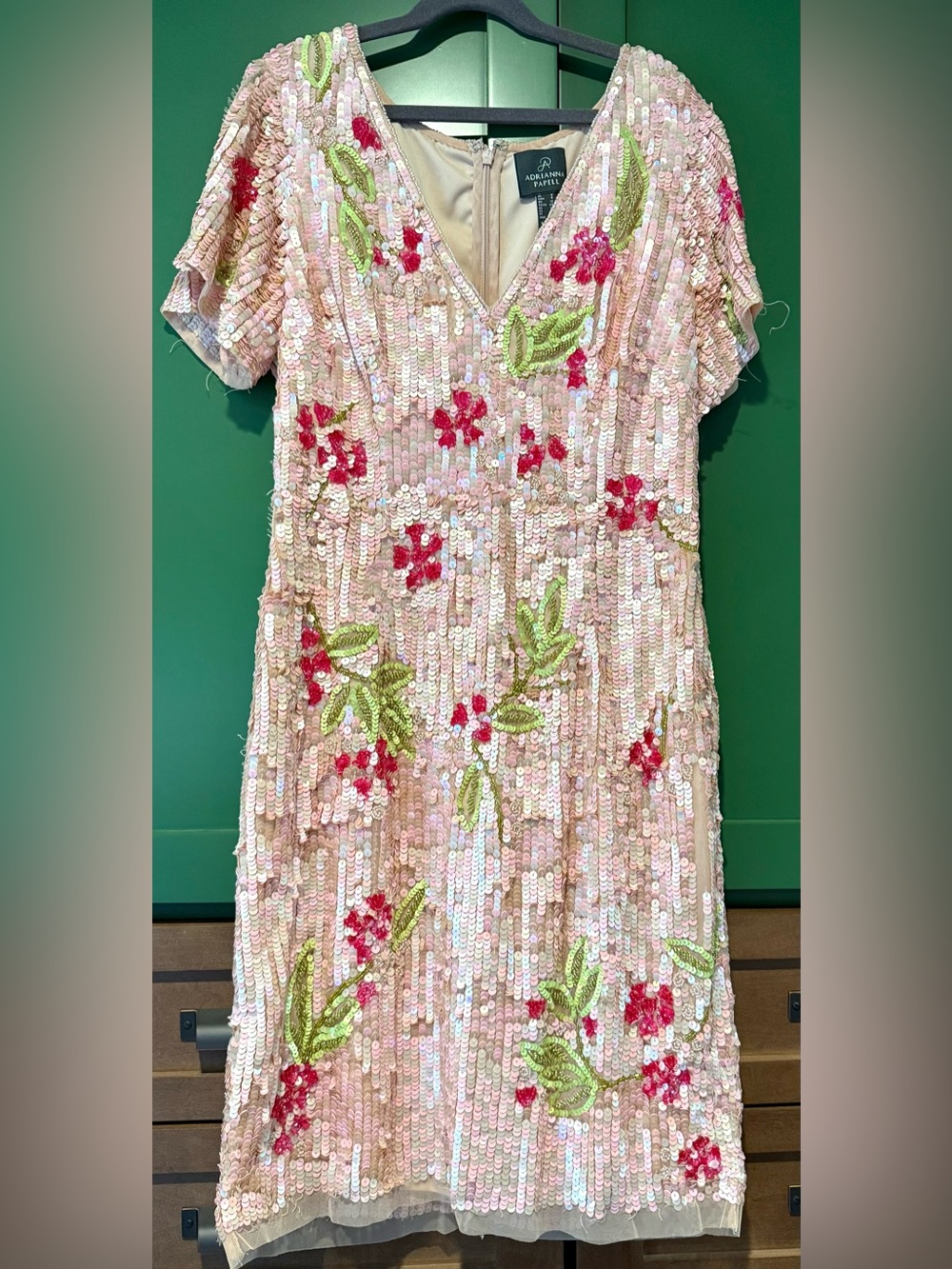 Adrianna Papell Blush Sequin Floral V-Neck Dress with Green Embroidery